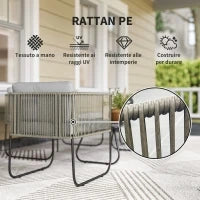 Set da Giardino Rattan con Divanetto 2 Posti, 2 Poltrone e Tavolino in Vetro, Cuscini Sfoderabili, Grigio