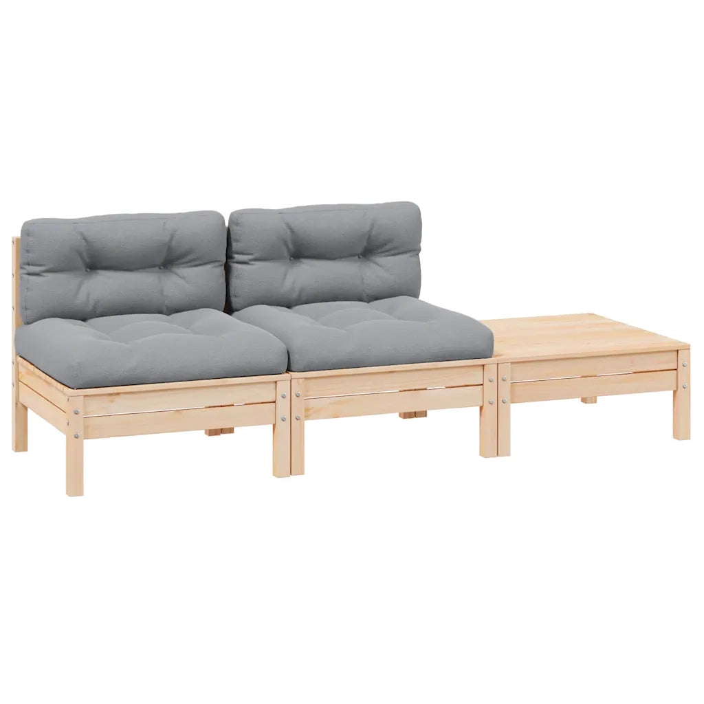 Set Divani da Giardino 3 pz con Cuscini Grigio Massello di Pino