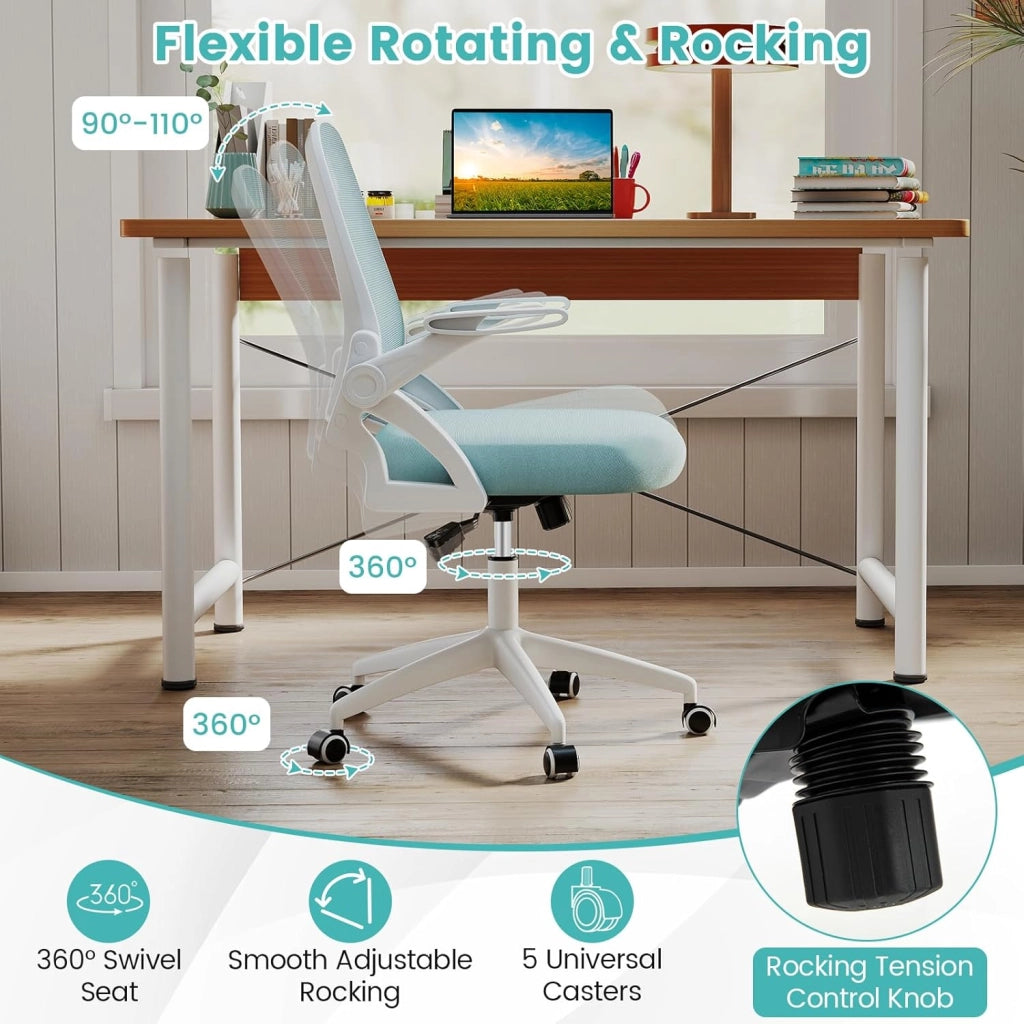 Sedia da scrivania ergonomica, sedia da ufficio girevole in rete con ruote, altezza regolabile e braccioli pieghevoli, seduta imbottita, supporto lombare, carico 150 kg (blu)
