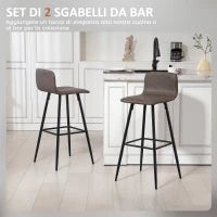 Set 2 Sgabelli Bar con Schienale Basso e Poggiapiedi, Rivestimento in PU e Gambe in Acciaio, Marrone Scuro