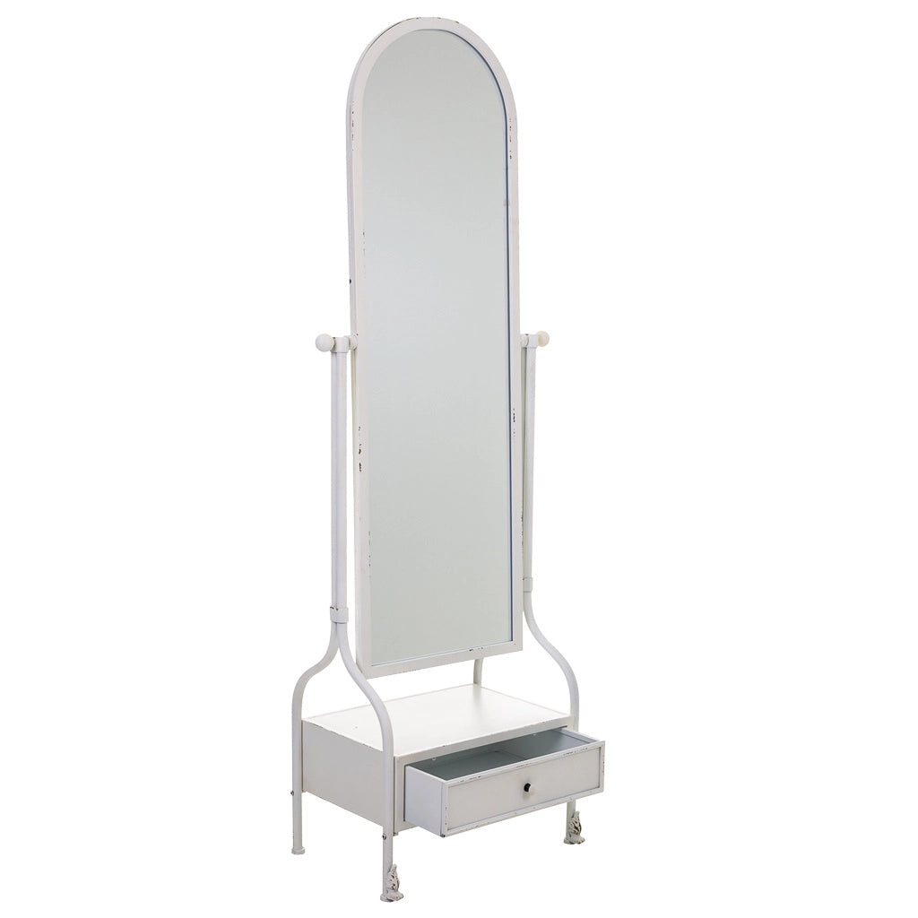 Specchio da terra e cassetto in metallo bianco 65x38x184h