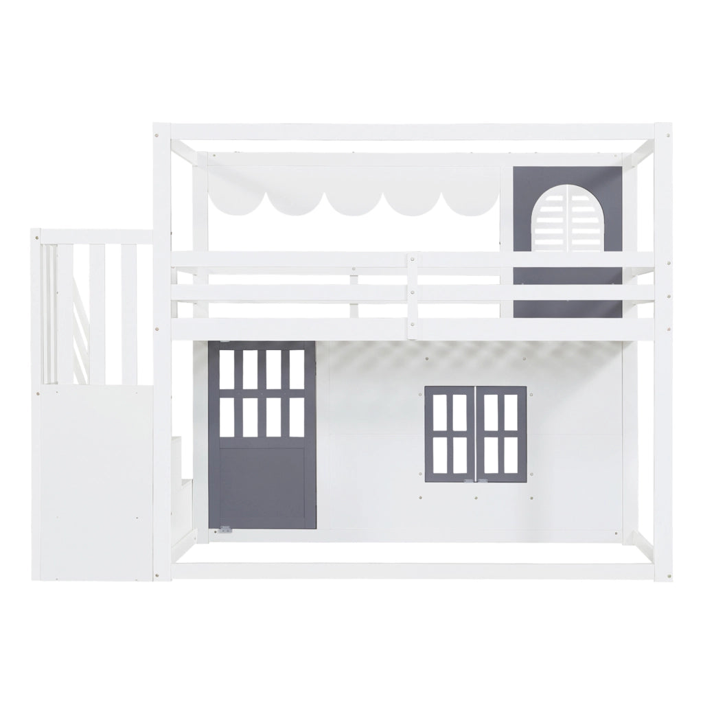 Letto a soppalco per bambini 90×200 cm 1 posto con scala contenitore e porta apribile; senza materasso; bianco e blu