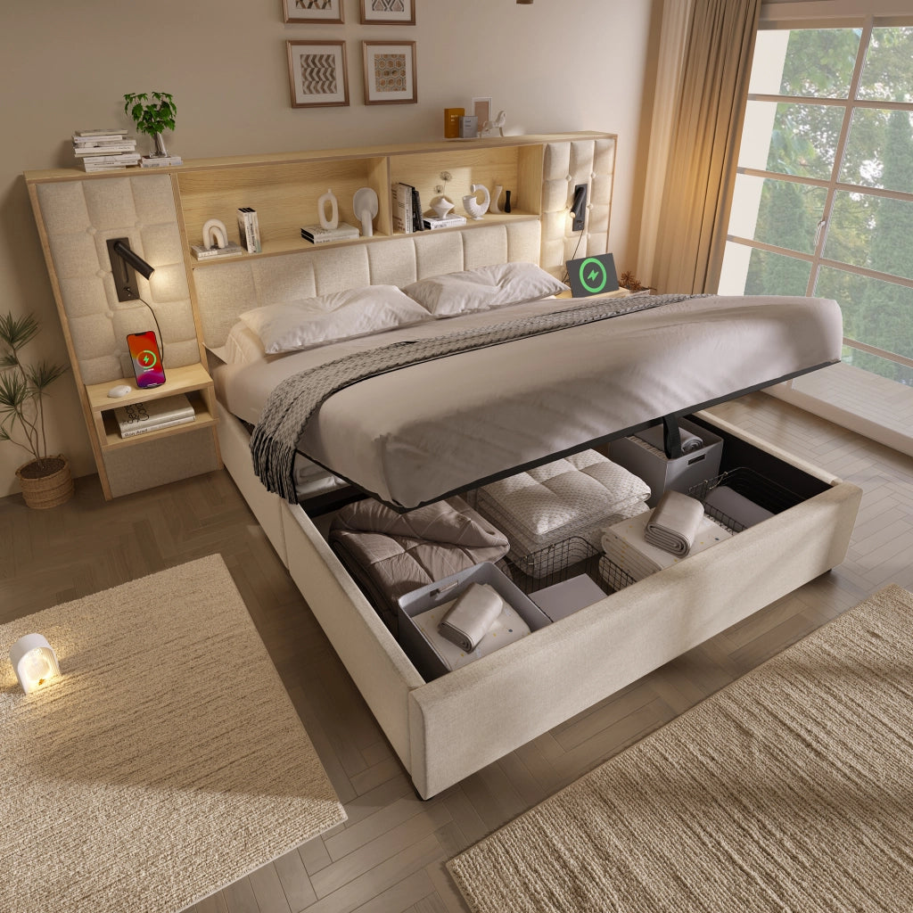 Letto contenitore 180 × 200 cm con luci da lettura, USB e Type-C, 2 comodini sospesi, senza materasso