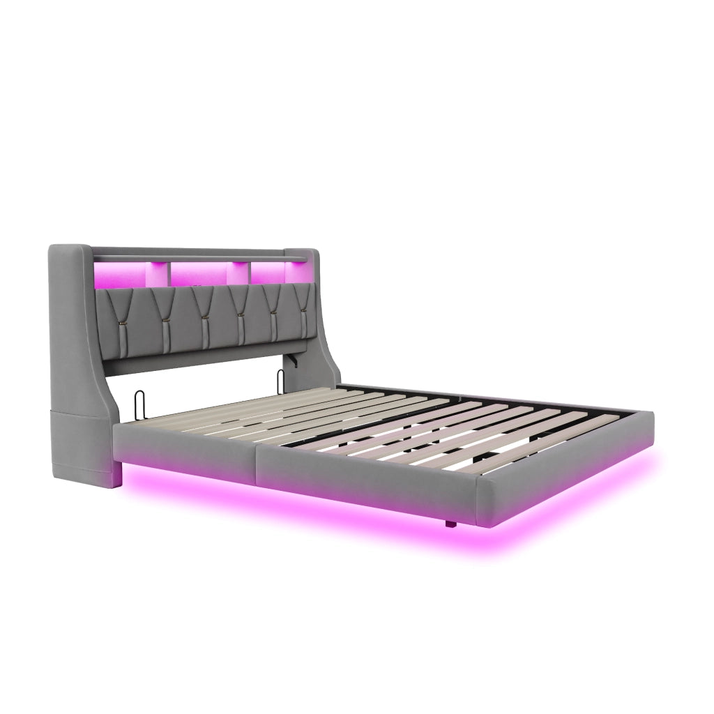 Letto imbottito 180x200 cm con testiera pieghevole; LED e prese USB in velluto grigio
