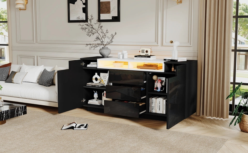 Credenza soggiorno nera 140 cm mobile buffet lucido con LED e cassetti