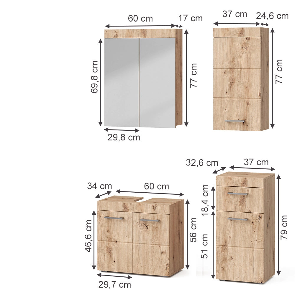Set mobili bagno Luna Quercia Wotan 4 parti, con armadio a muro Vicco