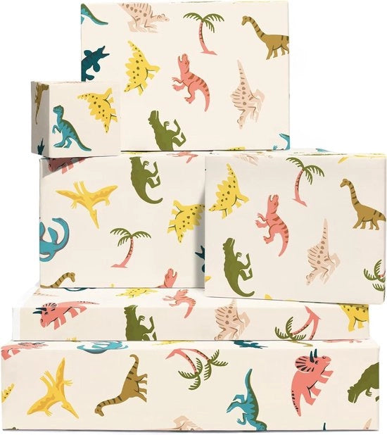 Papier da Regalo per Bambini - 6 Fogli Scatola Regalo - Dinosauri e Palme - Regali per Bambini - per Festa di Nascita - Amichevole con l'ambiente - Include Stickers
