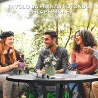Tavolino da Giardino Rotondo con Foro per Ombrellone, in Metallo e Vetro Temperato, Ø96.5x71 cm, Nero