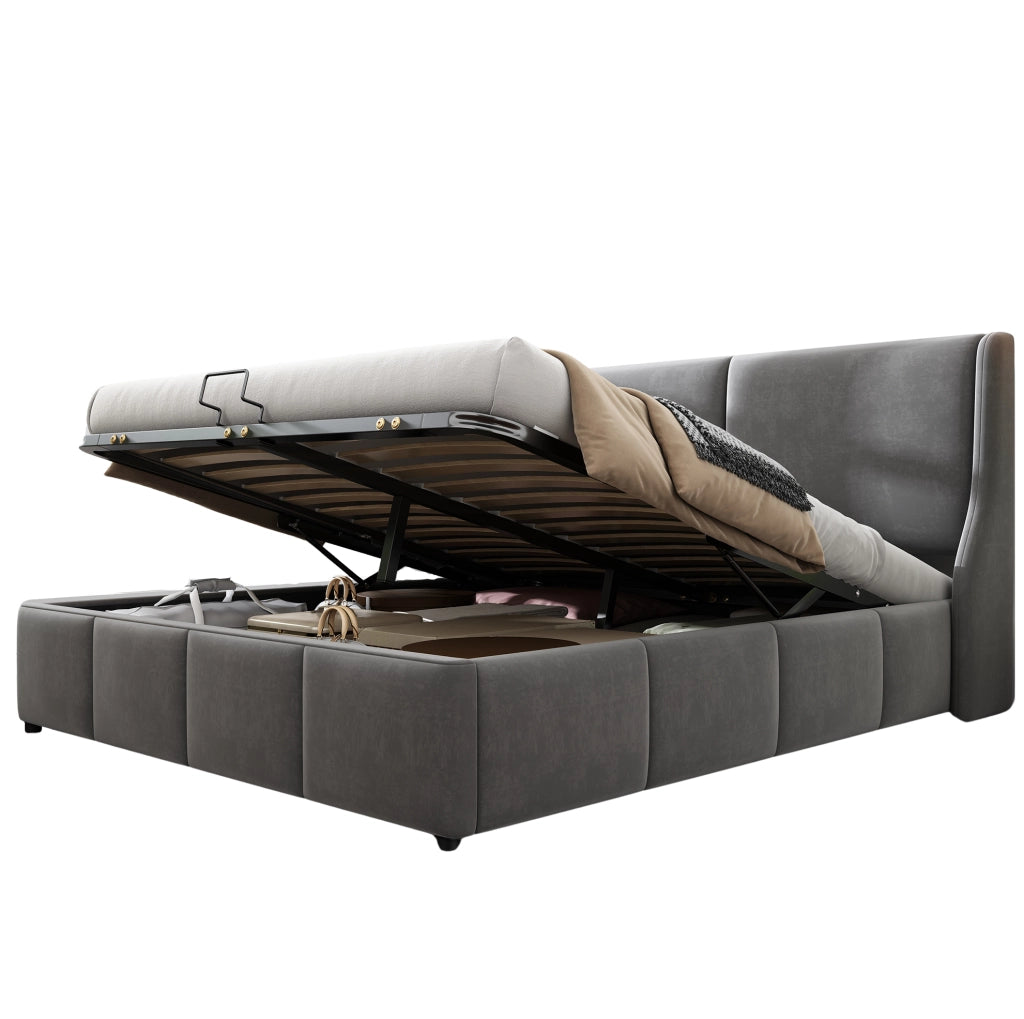 Letto matrimoniale con contenitore e rete 180x200 cm in velluto grigio; testiera sagomata