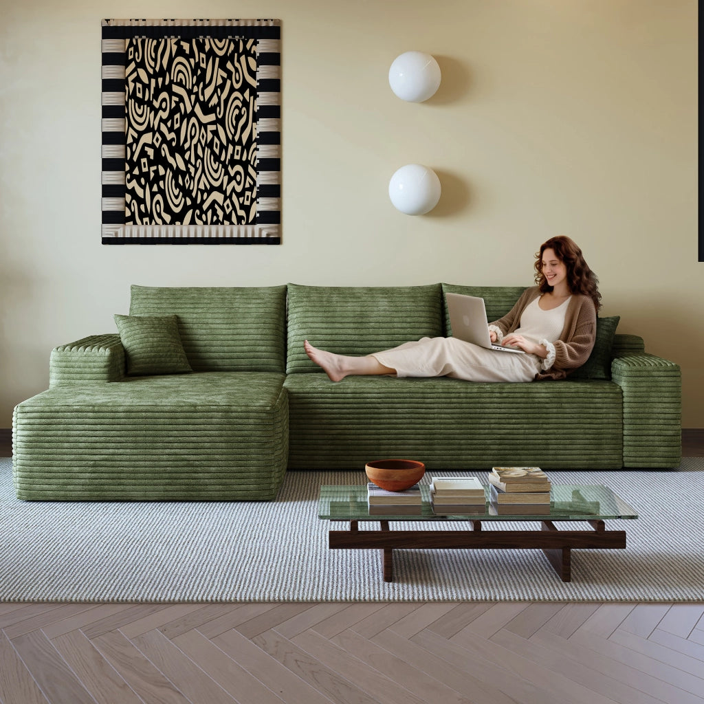 Divano ad angolo modulare con chaise longue a L e schiuma elastica, senza montaggio, in tessuto a coste verde 270 cm