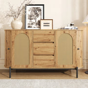 Credenza Ovale con Rattan ¨C Xylo ¨C Ante Scorrevoli, Cassetti, Ripiani, Effetto Legno, Gambe in Metallo