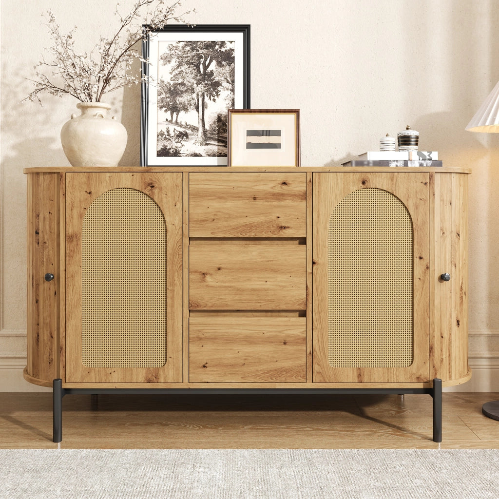 Credenza Ovale con Rattan ¨C Xylo ¨C Ante Scorrevoli, Cassetti, Ripiani, Effetto Legno, Gambe in Metallo