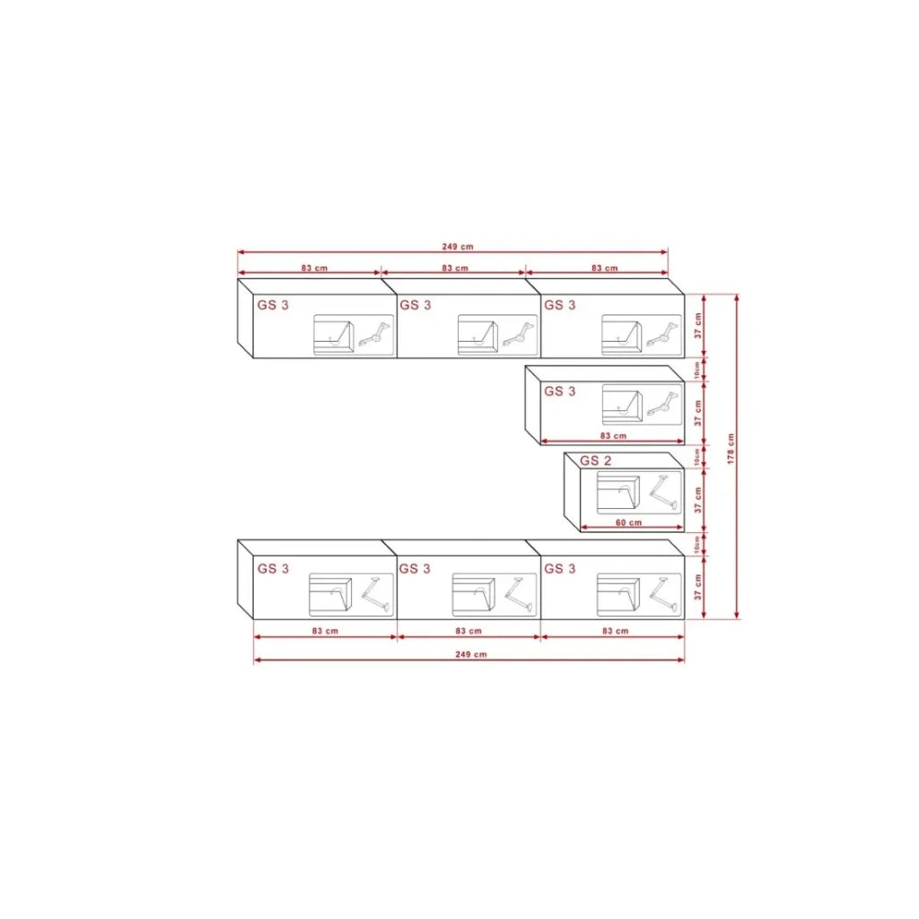 Set di mobili da soggiorno nero e bianco sospesi collezione CEPTO XVI 249cm, 8 pezzi, modulari.