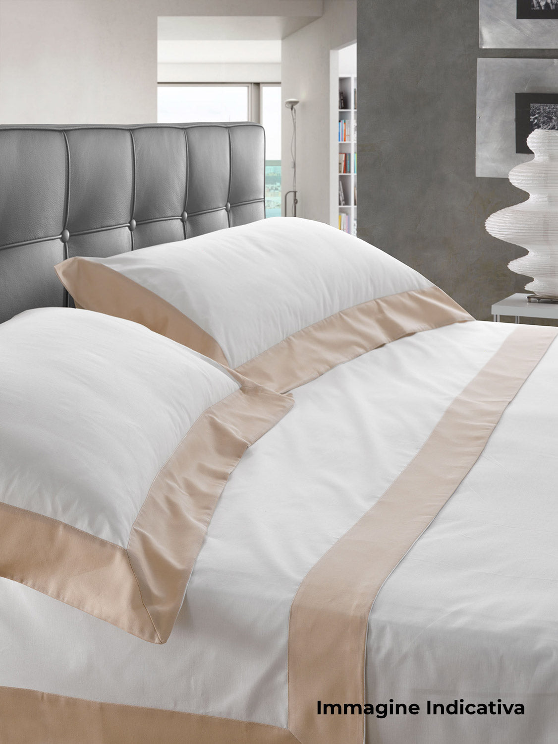 Set Lenzuola Matrimoniale Francese Sopra Sotto e Federe Bordi in Raso Garrini Eveline Avorio/Rosa