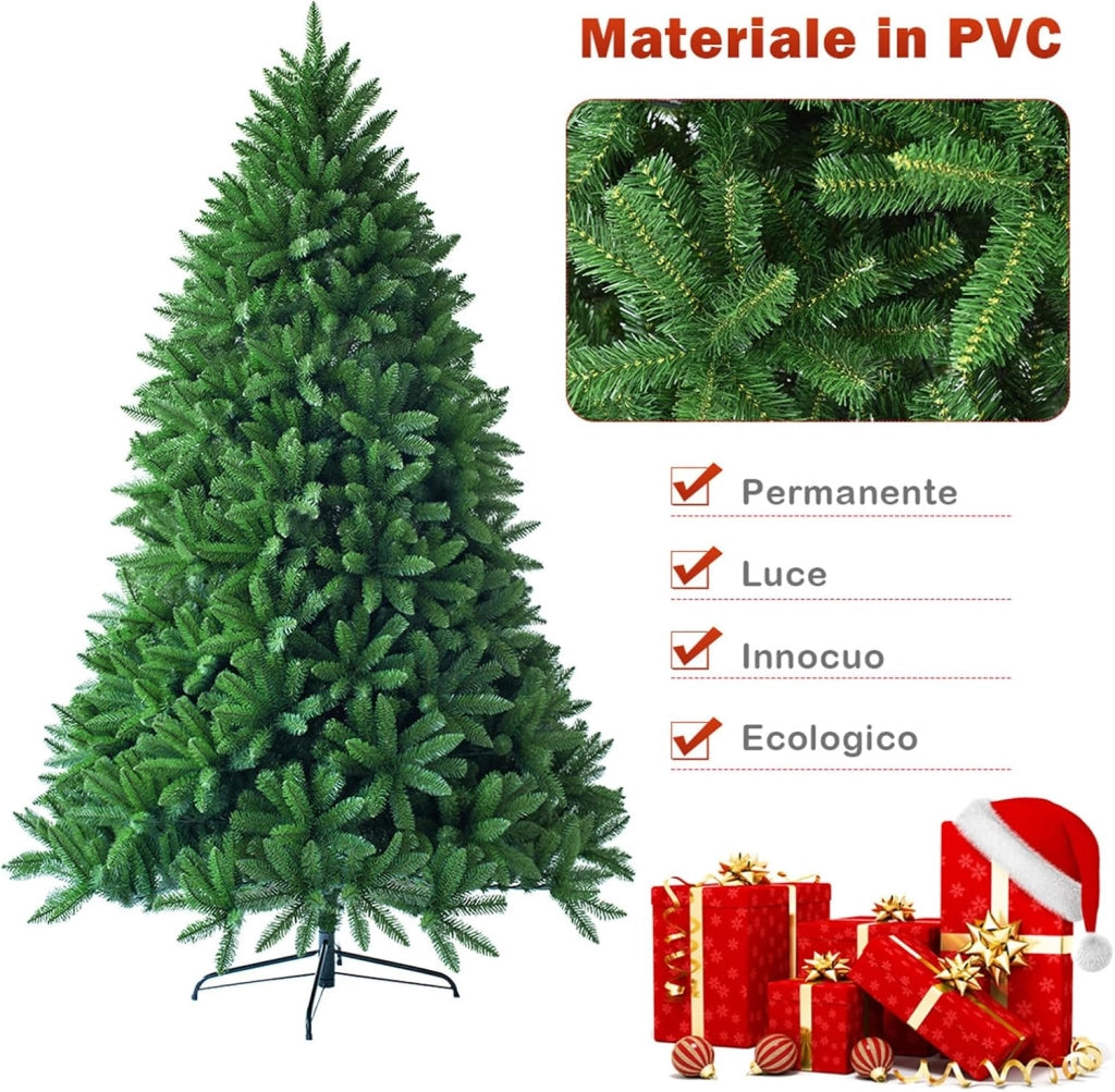 Albero di Natale 150/180/225 cm, Albero di Natale Artificiale con 600/1250/1968 Rami e Supporto in Metallo, Decorazione Natalizia per Casa, Ufficio e Negozio (180 CM)
