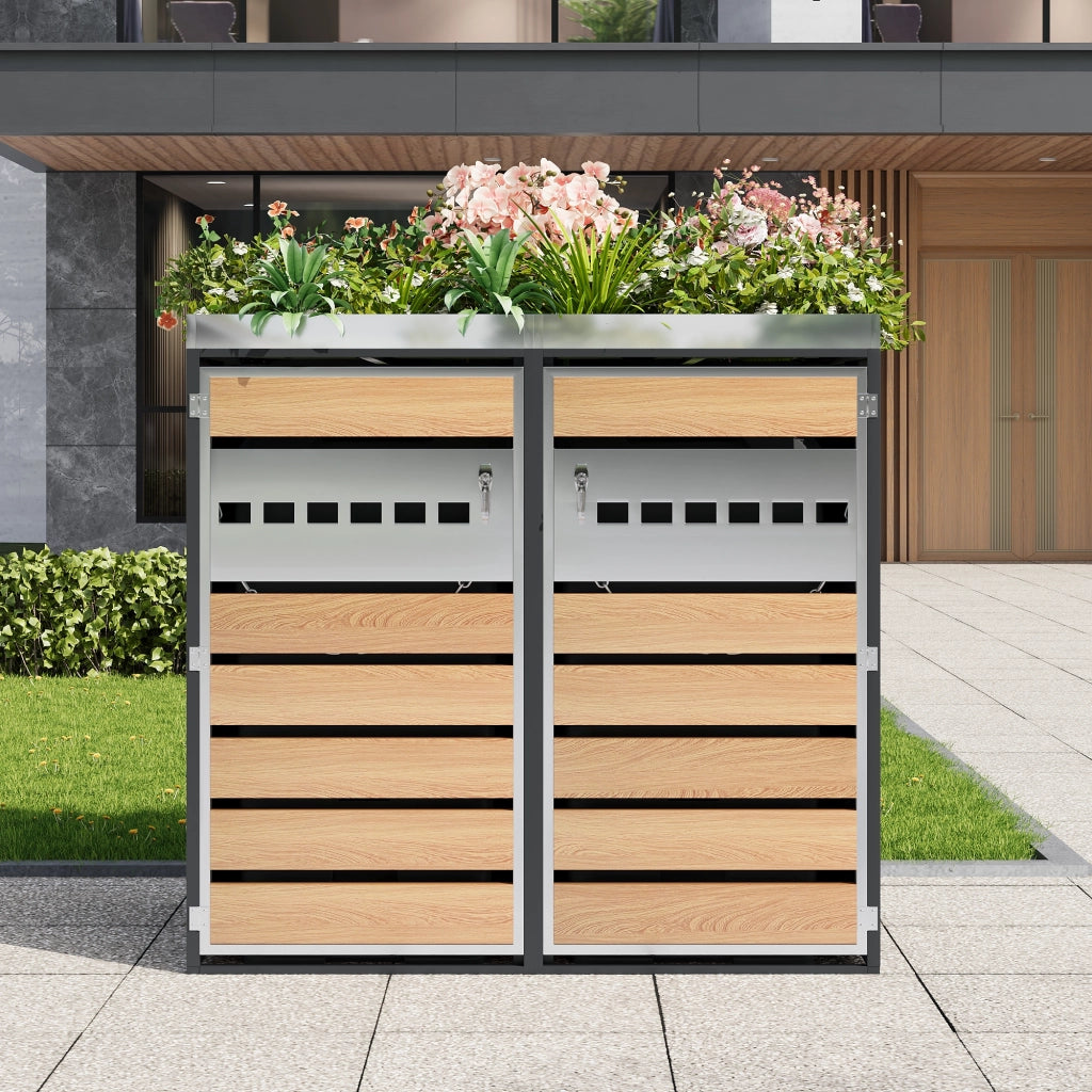 Box per Bidoni con Fioriera Integrata; 2 Vani con Serratura e Ante Ventilate in Acciaio Grigio Effetto Legno