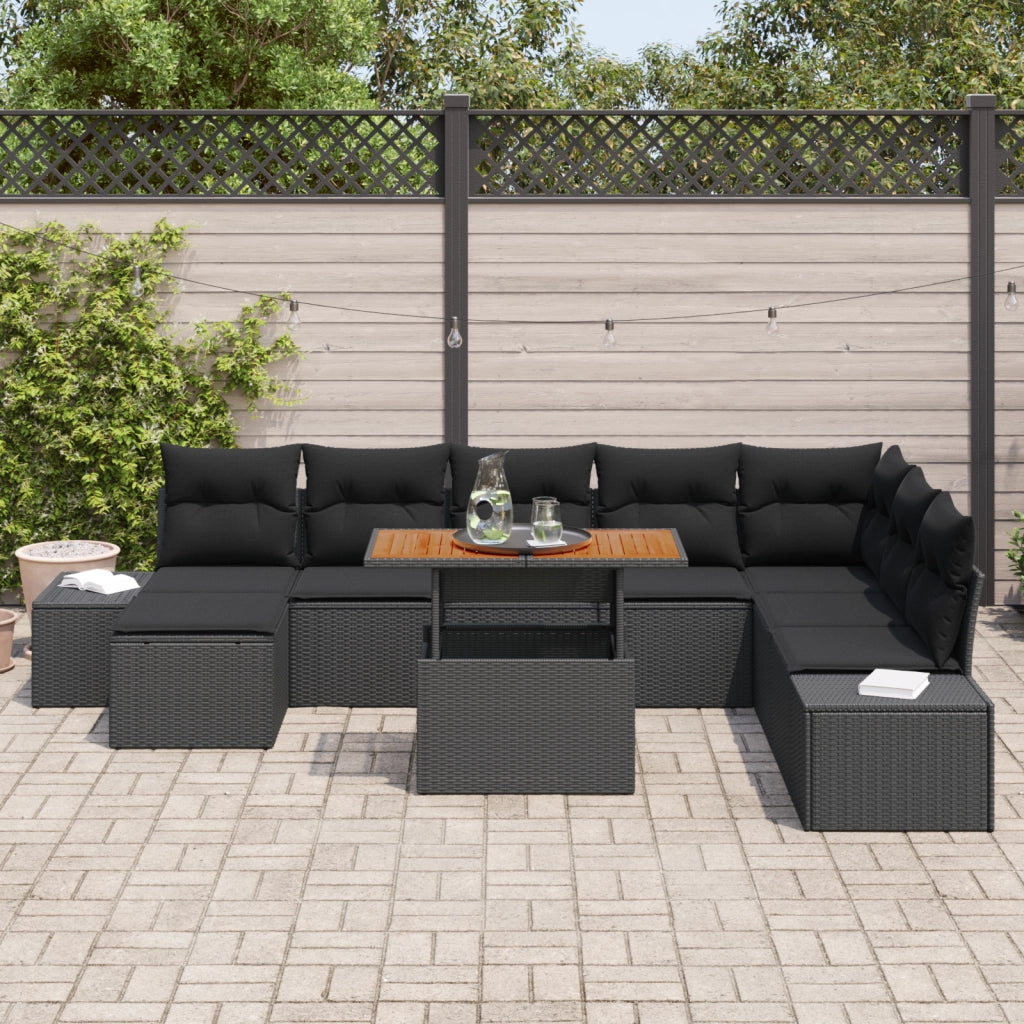 Set da pranzo da giardino 9 pezzi con cuscini in polyrattan nero e acacia