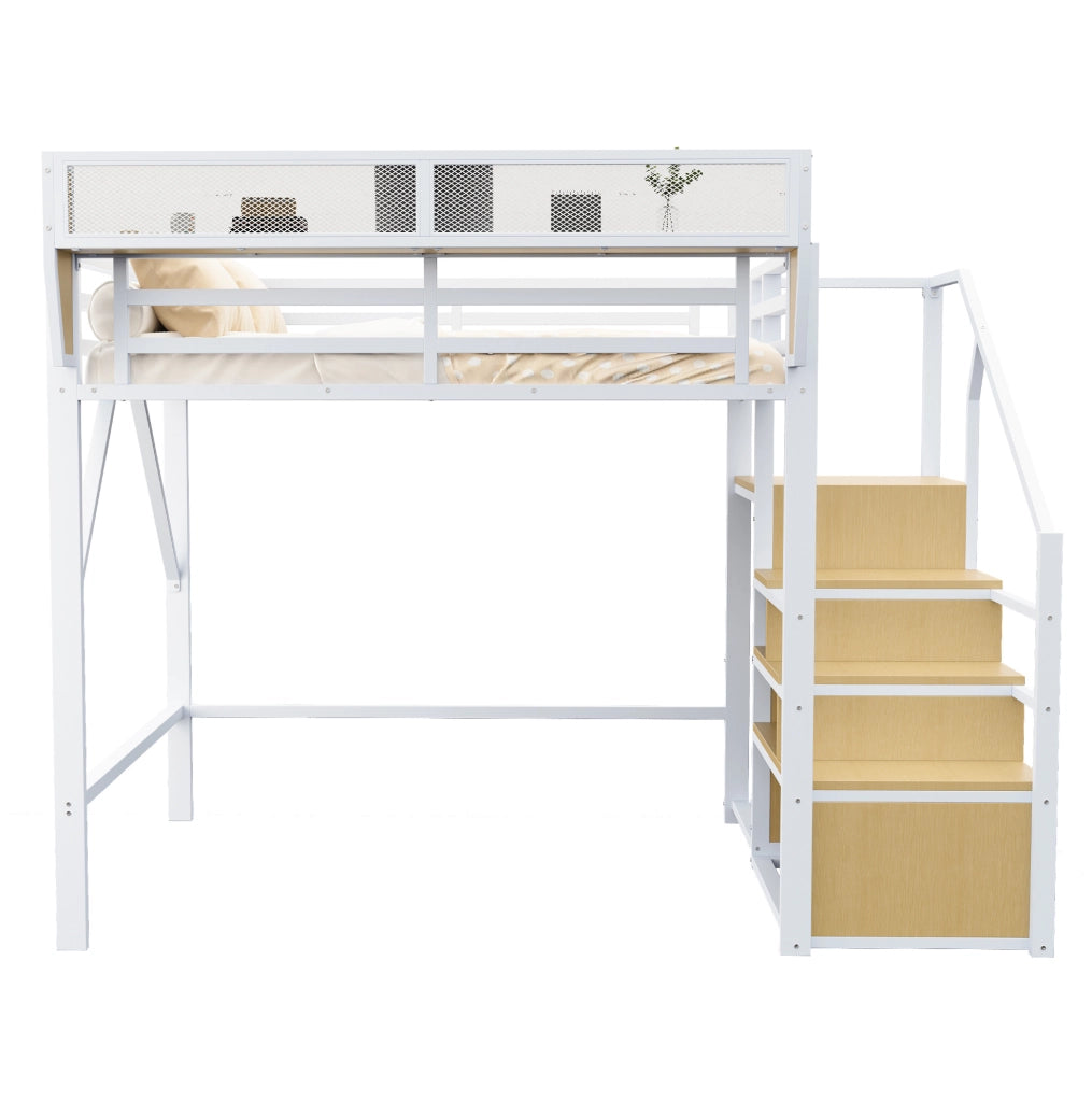 Letto a soppalco 140x200 cm con scala di sicurezza e ripiano flessibile in metallo bianco