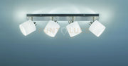 TOMMY BARRA 4 SPOTS CON DIFFUSORI PARALUMI BIANCHI BASE METALLO ACCIAIO SATINATO L.70CM 4 LUCI ATTACCO E14