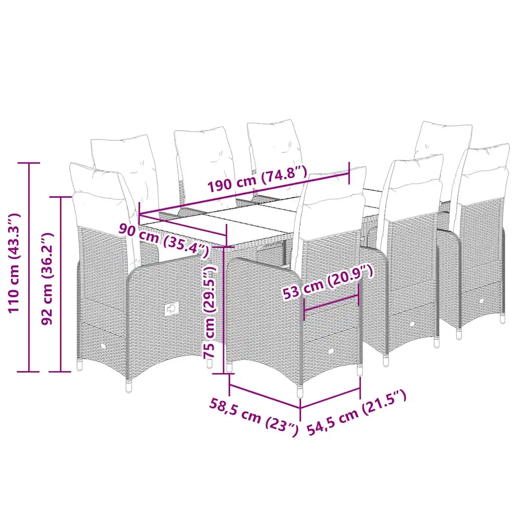 Set da BistrÃ² da Giardino 9 pz con Cuscini Beige in Polyrattan