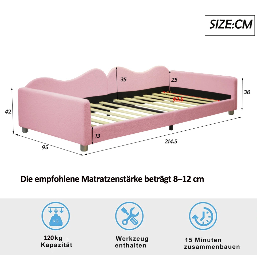 Letto imbottito multifunzionale con struttura a doghe, rosa