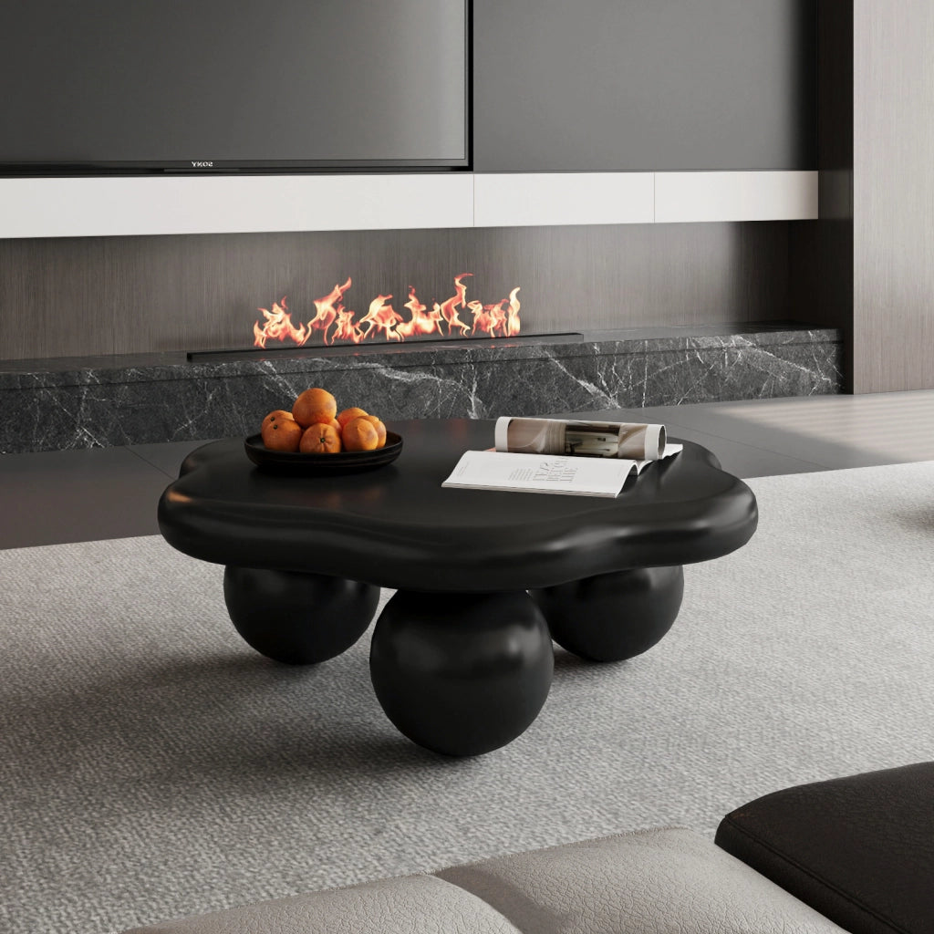 Tavolino basso a nuvola nero opaco in MDF con gambe sferiche per soggiorno e piccoli spazi Ø 80 × 31 cm