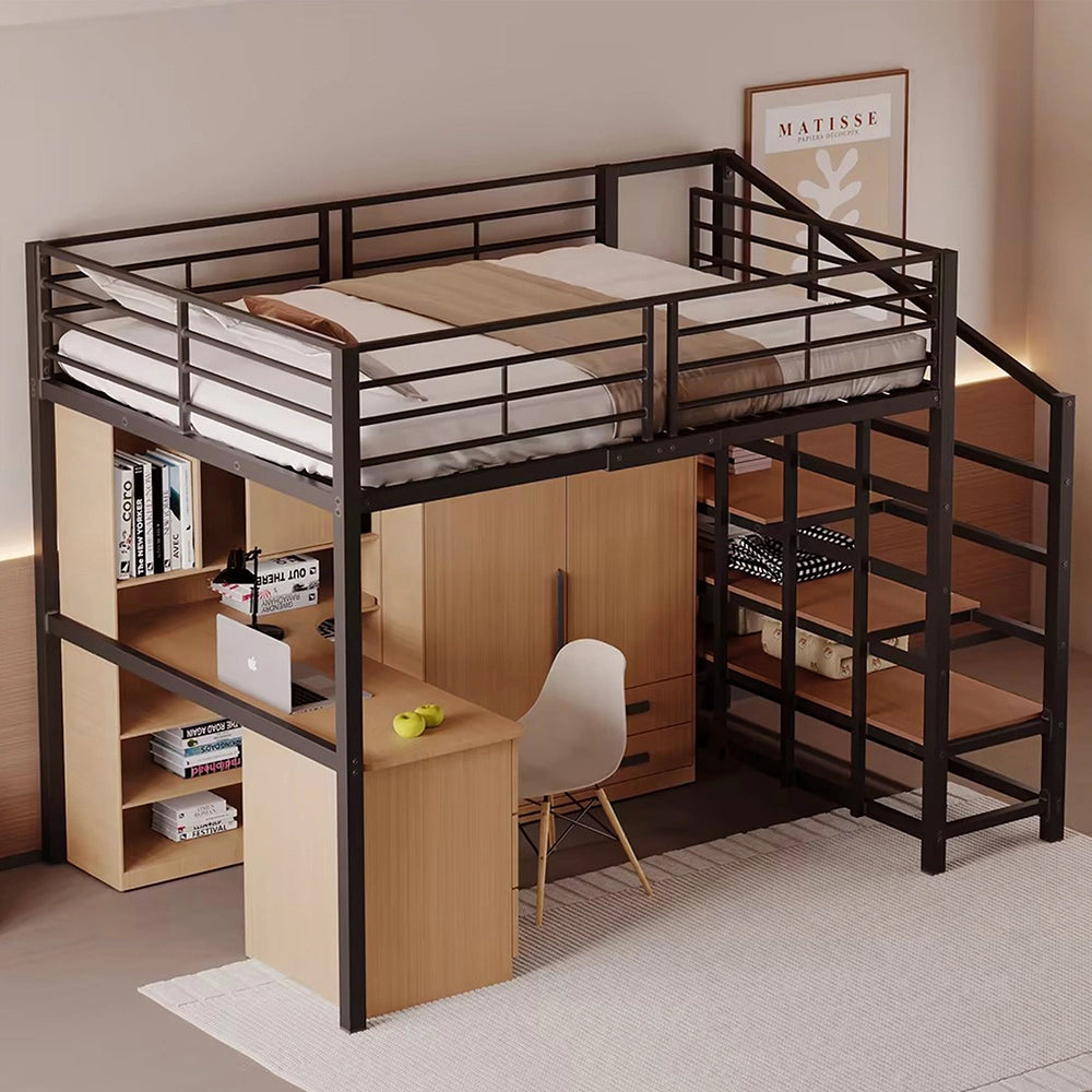 Letto a soppalco 140x200 cm - Xylo - Robusto in metallo con scala e spazio di archiviazione, Nero