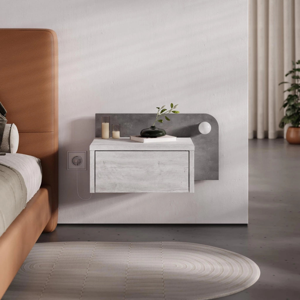 Comodino "Dotta" con lampadina in legno - 52 x 30 x 28 cm - Grigio