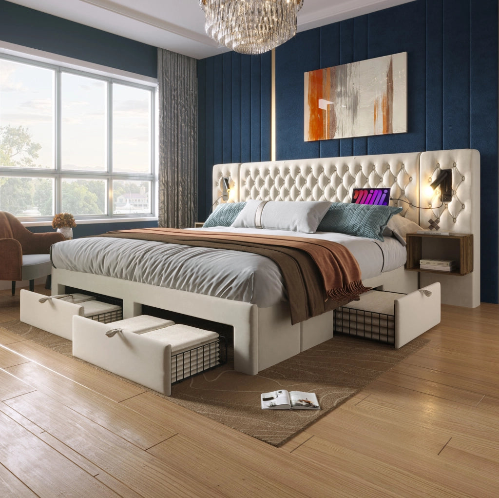 Letto matrimoniale 160x200 cm in velluto beige con comodini integrati; cassetti; luci lettura e materasso