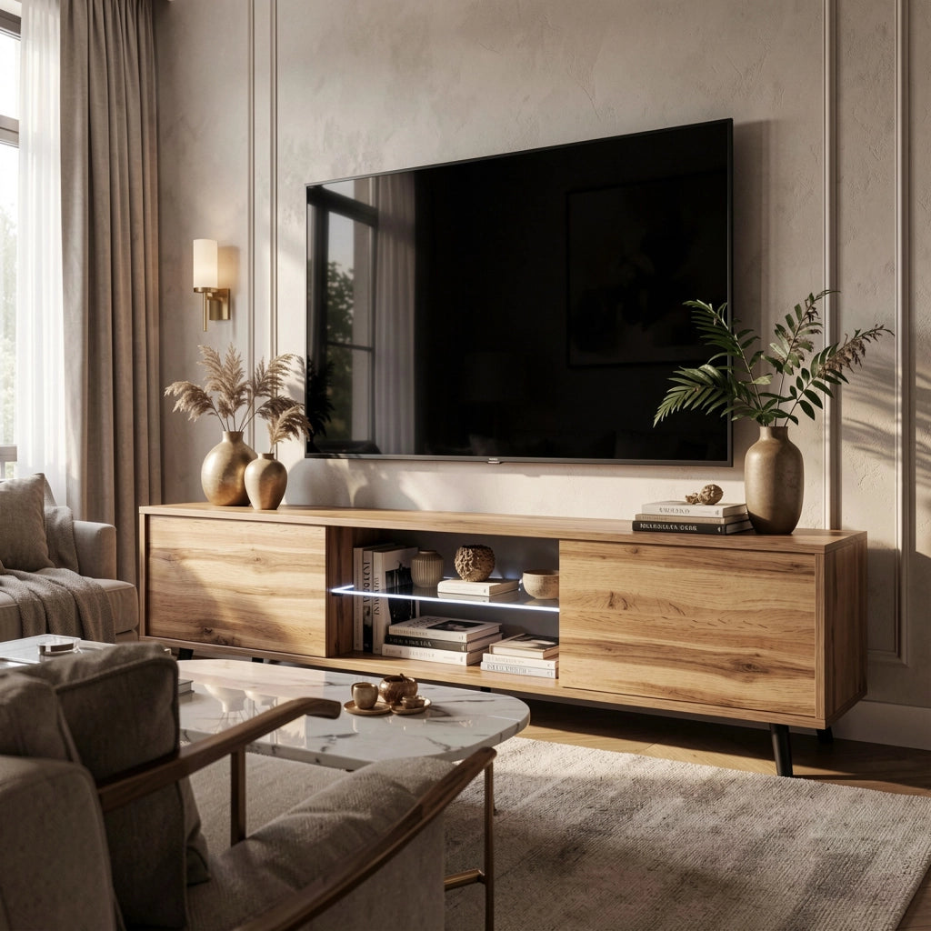 Mobile TV Con 2 Ante Battenti Vano Centrale Con Ripiano In Vetro E LED Porta Televisore In Melaminico Piedini In Metallo Per Soggiorno Salotto Zona Living 140 X 31.5 X 40 Cm Rovere