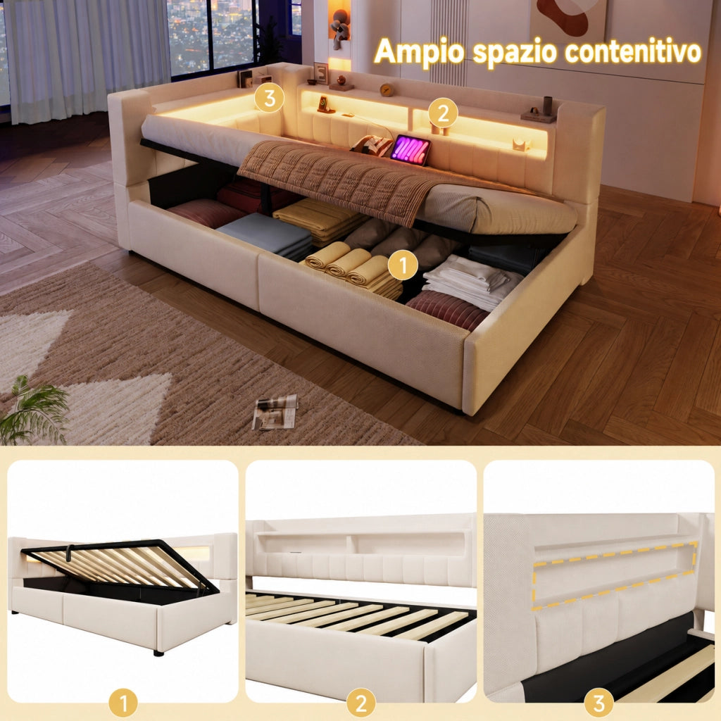 Letto divano contenitore 90x200 cm in lino beige con apertura idraulica; LED; USB e USB-C