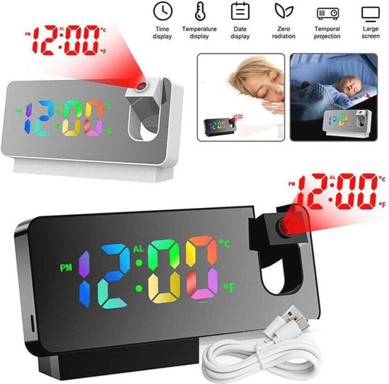 Proiettore Digitale con Schermo LED Grande, Proiezione 180°, Due Allarmi e Radio FM
