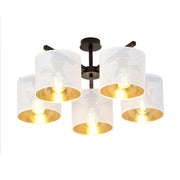 Plafoniera Industrial 5 Luci Cigno In Acciaio Bianco E Paralumi A Cilindro Oro