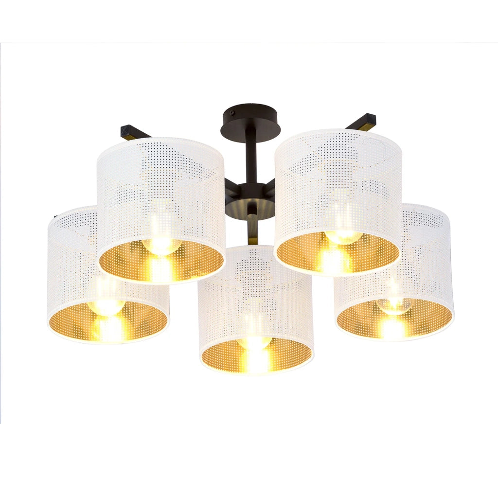 Plafoniera Industrial 5 Luci Cigno In Acciaio Bianco E Paralumi A Cilindro Oro