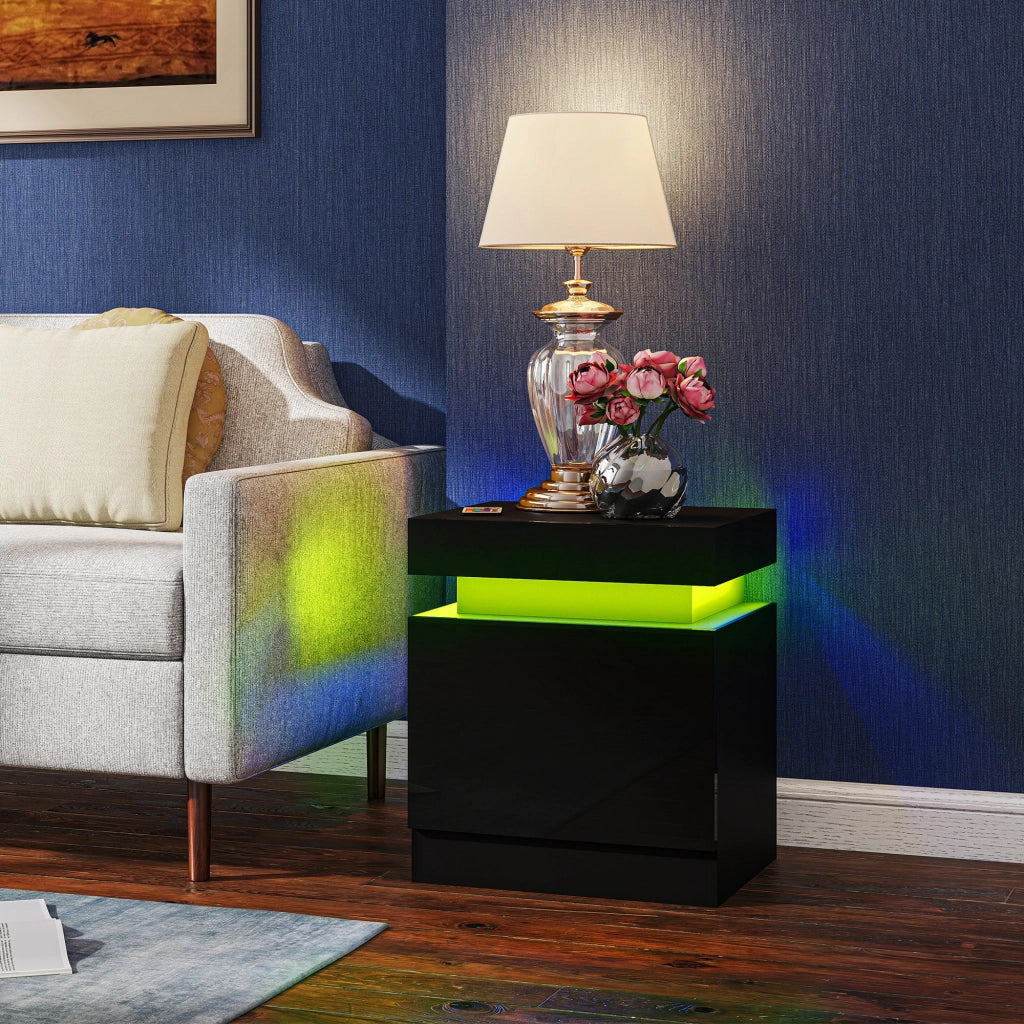 Set 2 Comodini 45x35x52 cm LED a 16 Colori e 4 Modalità con 2 Cassetti in Legno Nero