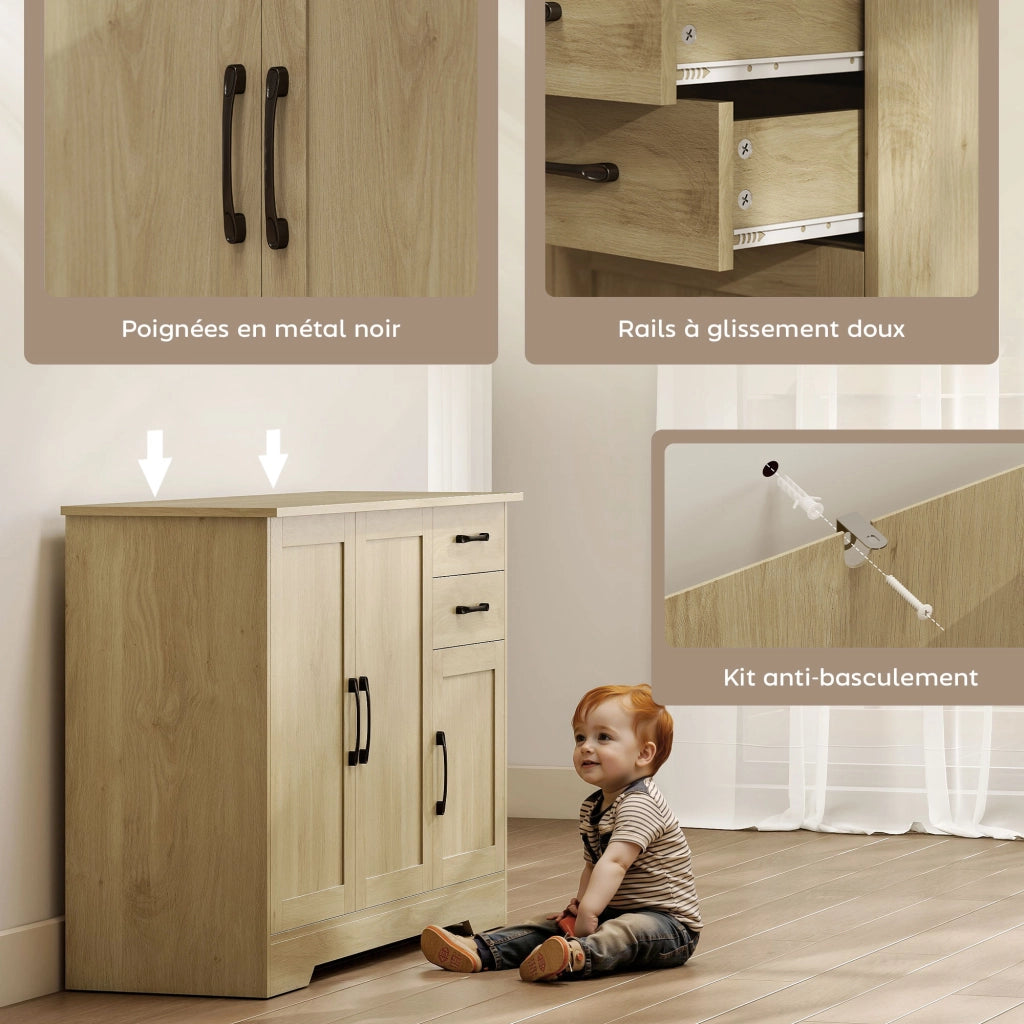 Credenza con 3 ante, 2 cassetti e ripiano regolabile ¨C Zephmum ¨C 120x38x79 cm, legno naturale