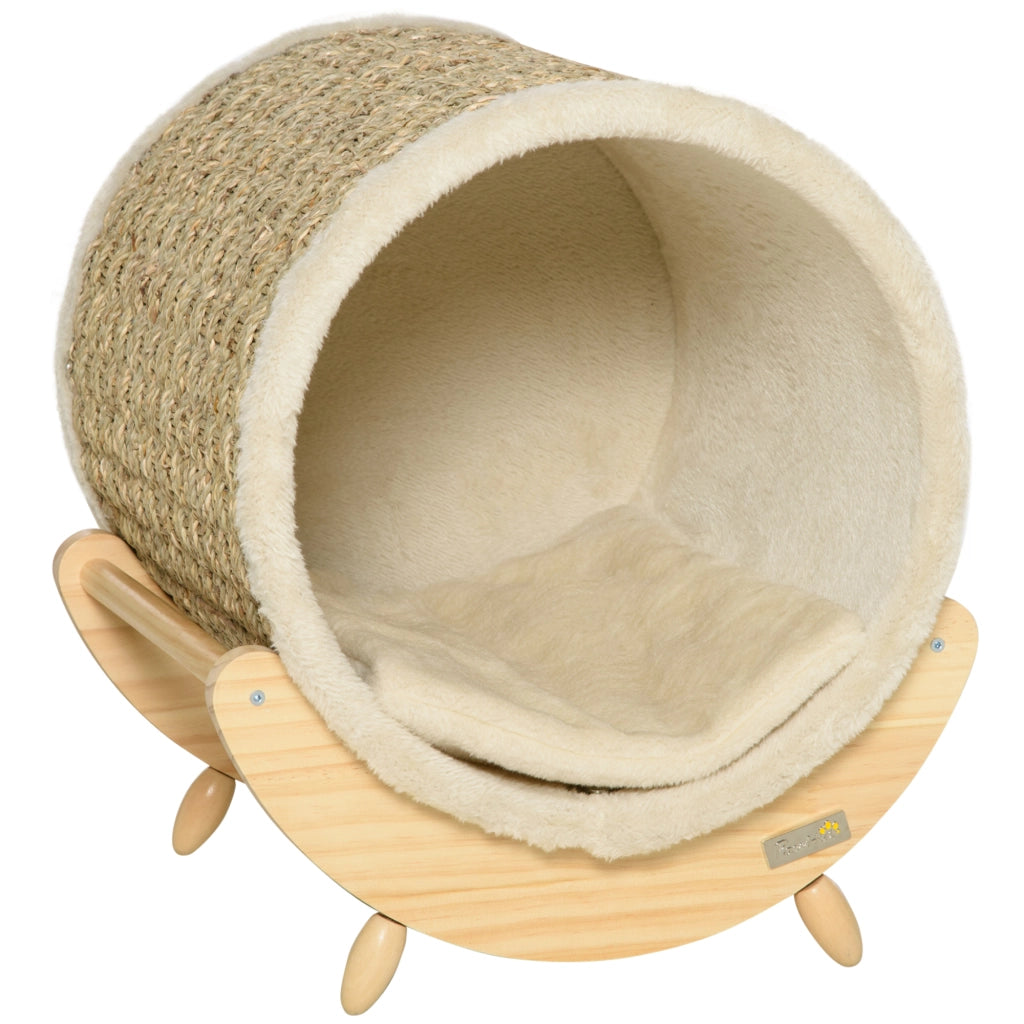 Tiragraffi per gatti con grotta, cuscino e area graffio integrata, design rialzato in legno khaki per interni