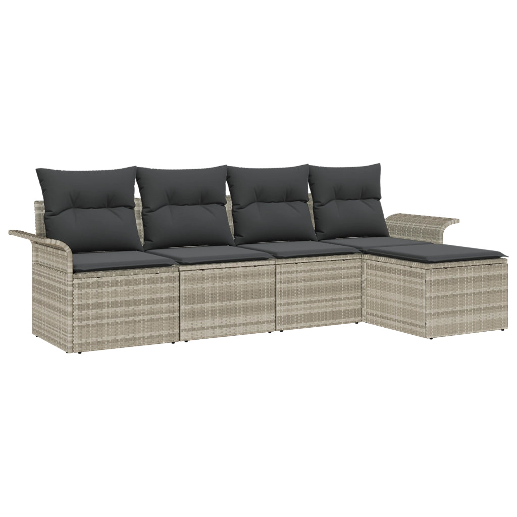 Set di Divani da Giardino a 5 Pezzi con Cuscini Grigio Chiaro Polyrattan