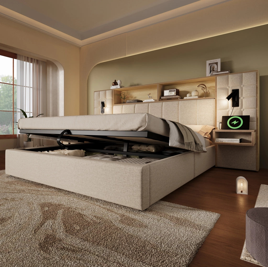Letto contenitore 180x200 beige con LED, USB-C e comodini