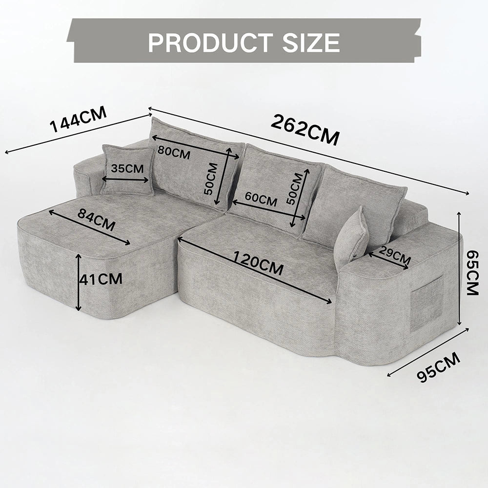 Divano angolare modulare "Cloud Couch" - Xylo - 262 cm con chaise longue, seduta profonda XXL, tessuto chenille grigio