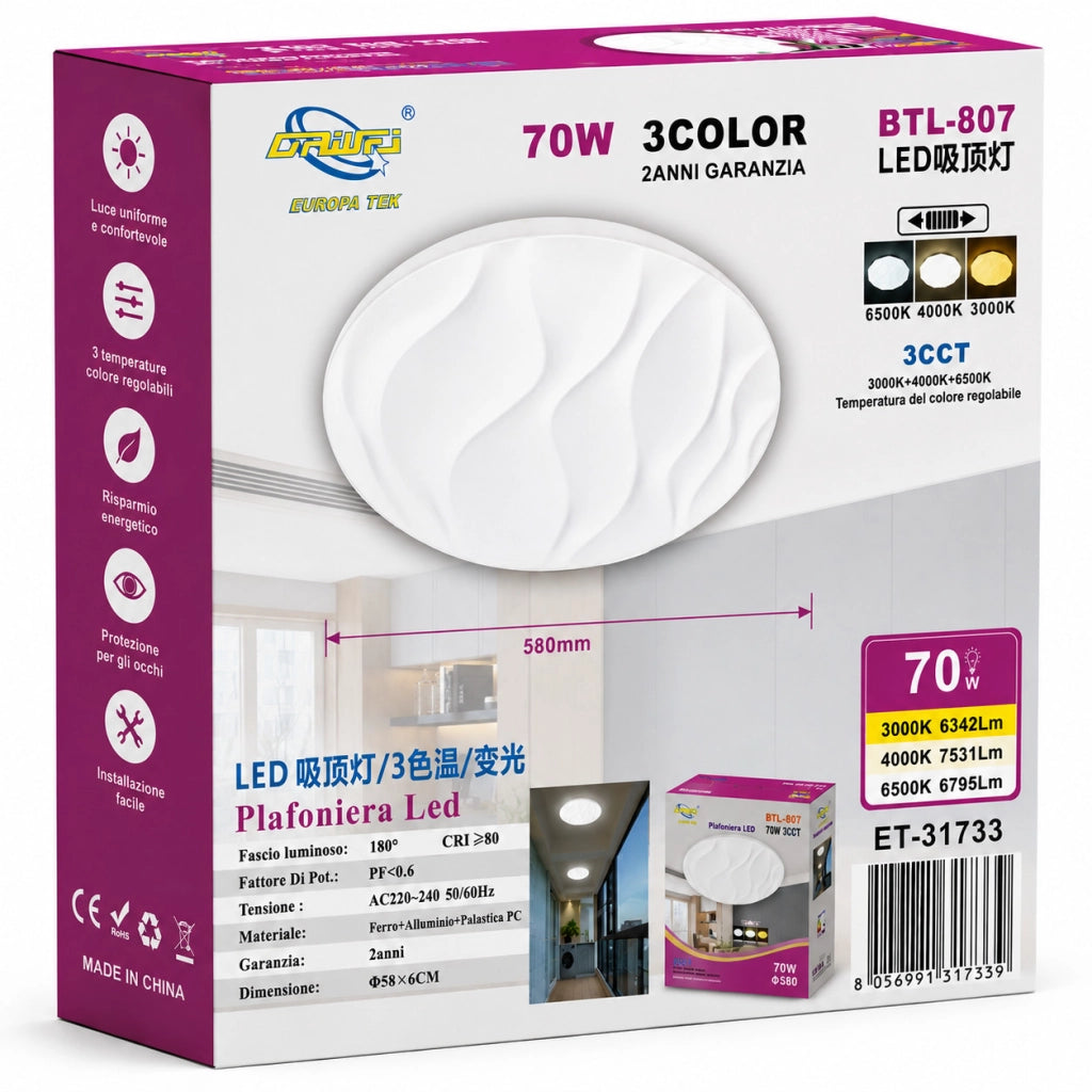 PLAFONIERA LED 70W 3CCT 58CM LAMPADA SOFFITTO LUCE 3000K 4000K 6500K ET-31733