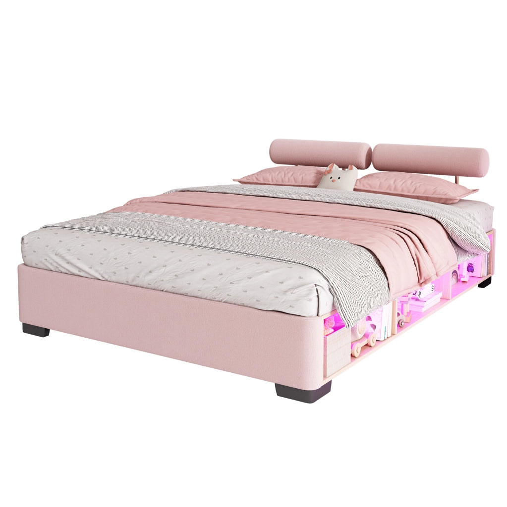 Letto imbottito 140x200 cm con vani laterali e LED in velluto rosa