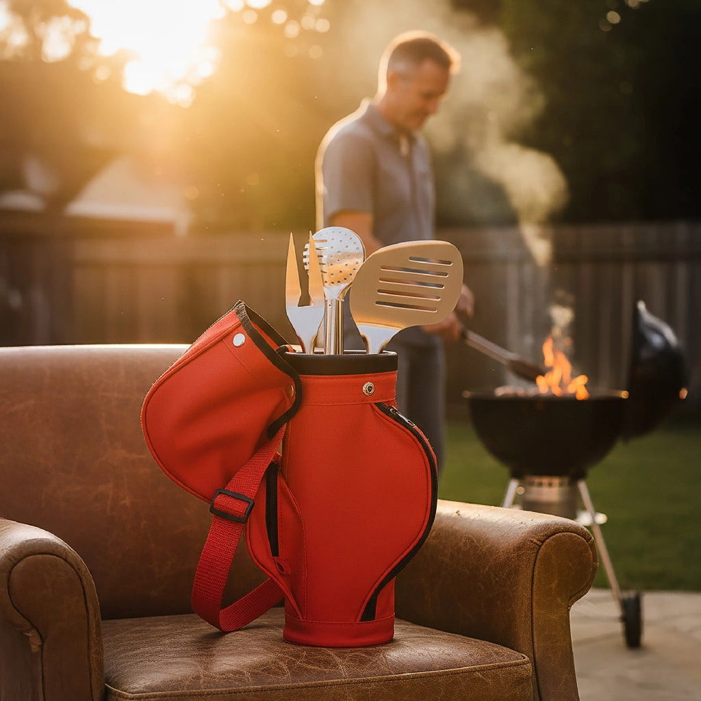 Set Accessori Barbecue 4 Pezzi con Borsa Porta Utensili Stile Golf – Utensili BBQ Pinza, Forchettone, Spatola in Acciaio Inox 430 Certificato per Alimenti – Manico Antiscivolo con Custodia e Tracolla