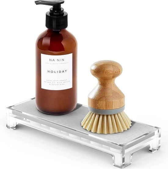 Organizzatore di accessori per cucina e bagno con base di sostegno e contenitore per asciugatura con tecnologia acrilica e bassa assorbimento d'acqua.