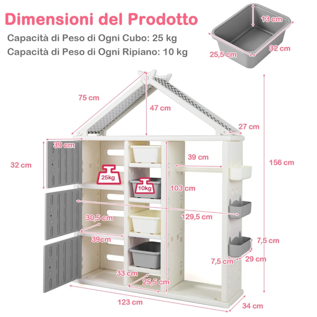 Armadio portaoggetti per bambini con appendiabiti da letto dei bambini, Organizzatore di vestiti con 3 armadietti Grigio-Scaffalature