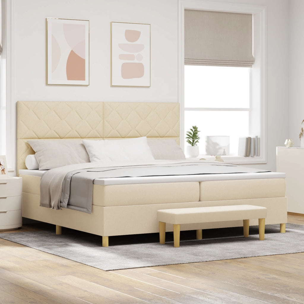Letto Box Spring con Materasso e Panchina Panna 200x200 cm Tessuto