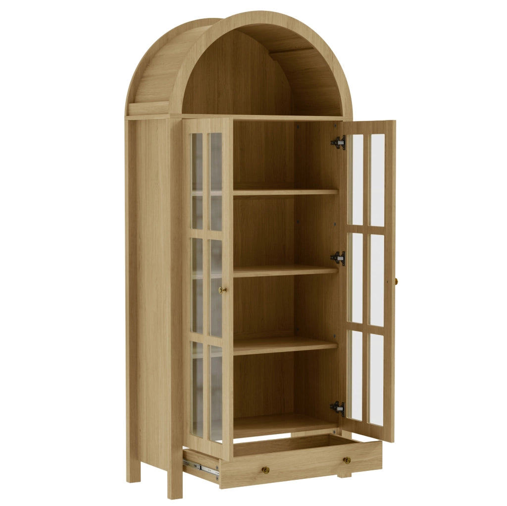 Vetrina ad arco da terra 75x35x170;5 cm in MDF naturale con ante in acrilico e cassetto