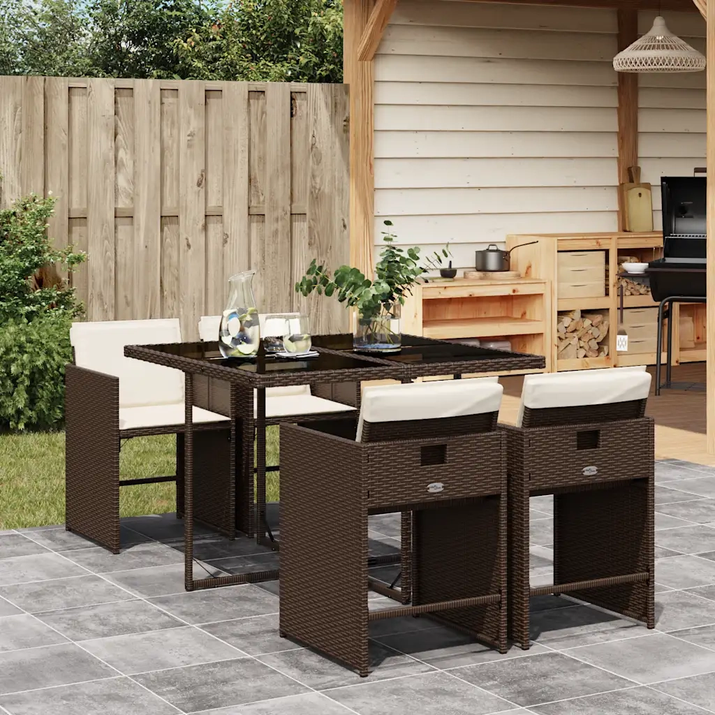 Set da Pranzo da Giardino 5pz | Set Salotto da Giardino con Cuscini in Polyrattan Marrone