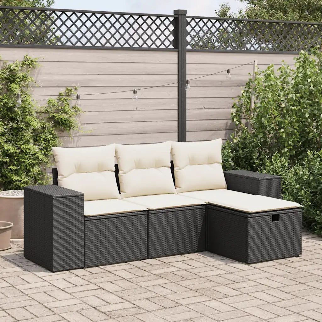 Set Divani da Giardino 4 pz | Set Salotto da Giardino con Cuscini Nero in Polyrattan