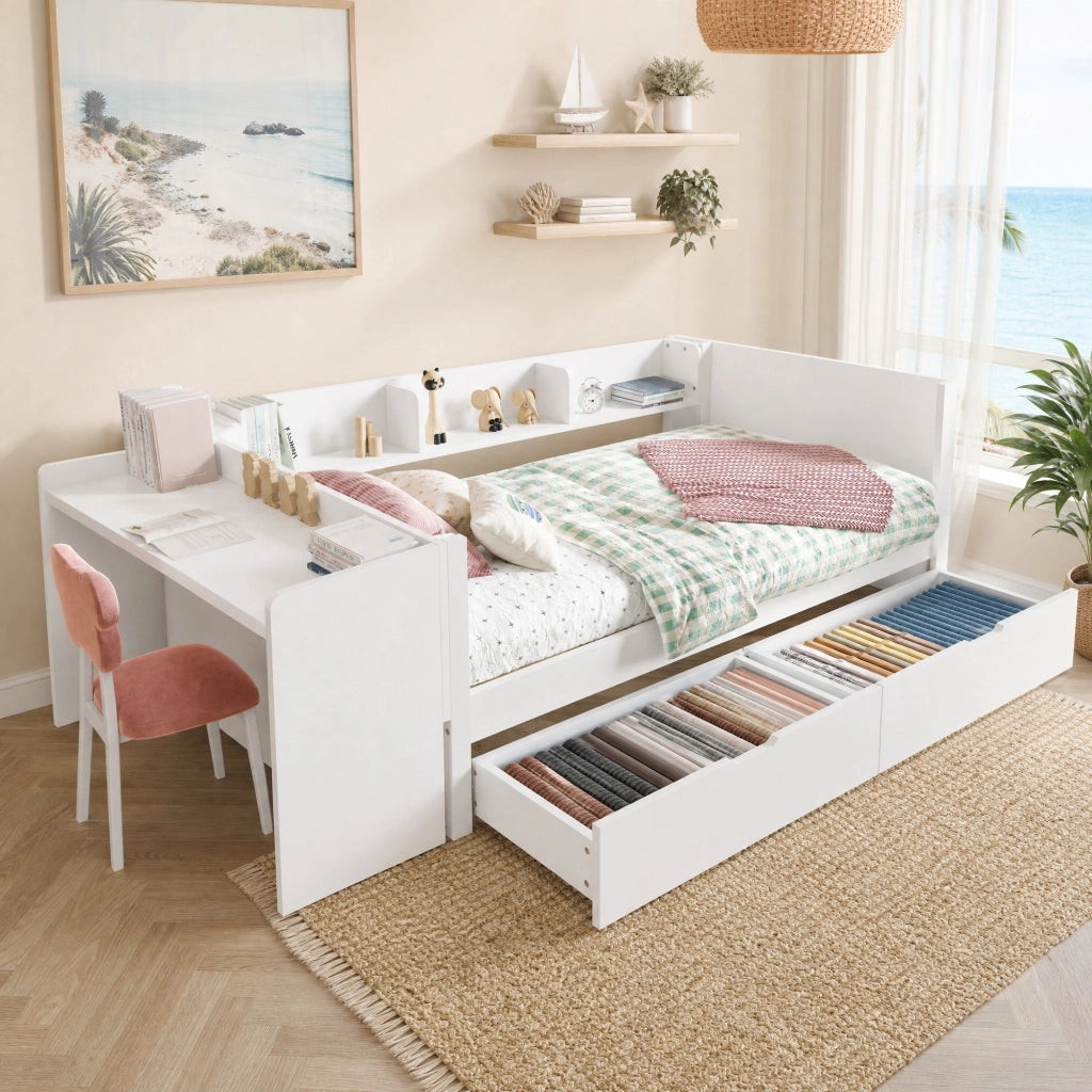 DESMIU Letto singolo 1 posto con scrivania, 2 cassetti e 3 ripiani 90 × 200 cm, senza materasso, pino, bianco